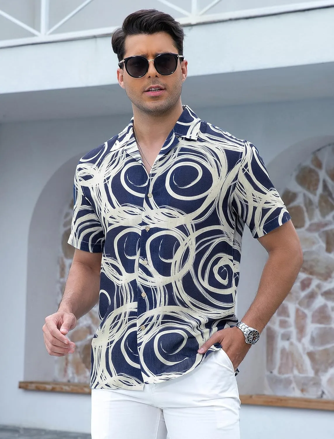 Damipow Linen Shirts for Men Hawaiian Shirt Short Sleeve Button Down Beach Vacation Shirt