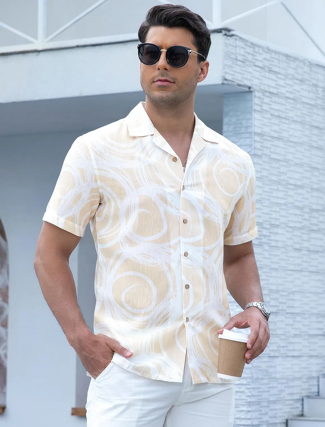 Damipow Linen Shirts for Men Hawaiian Shirt Short Sleeve Button Down Beach Vacation Shirt