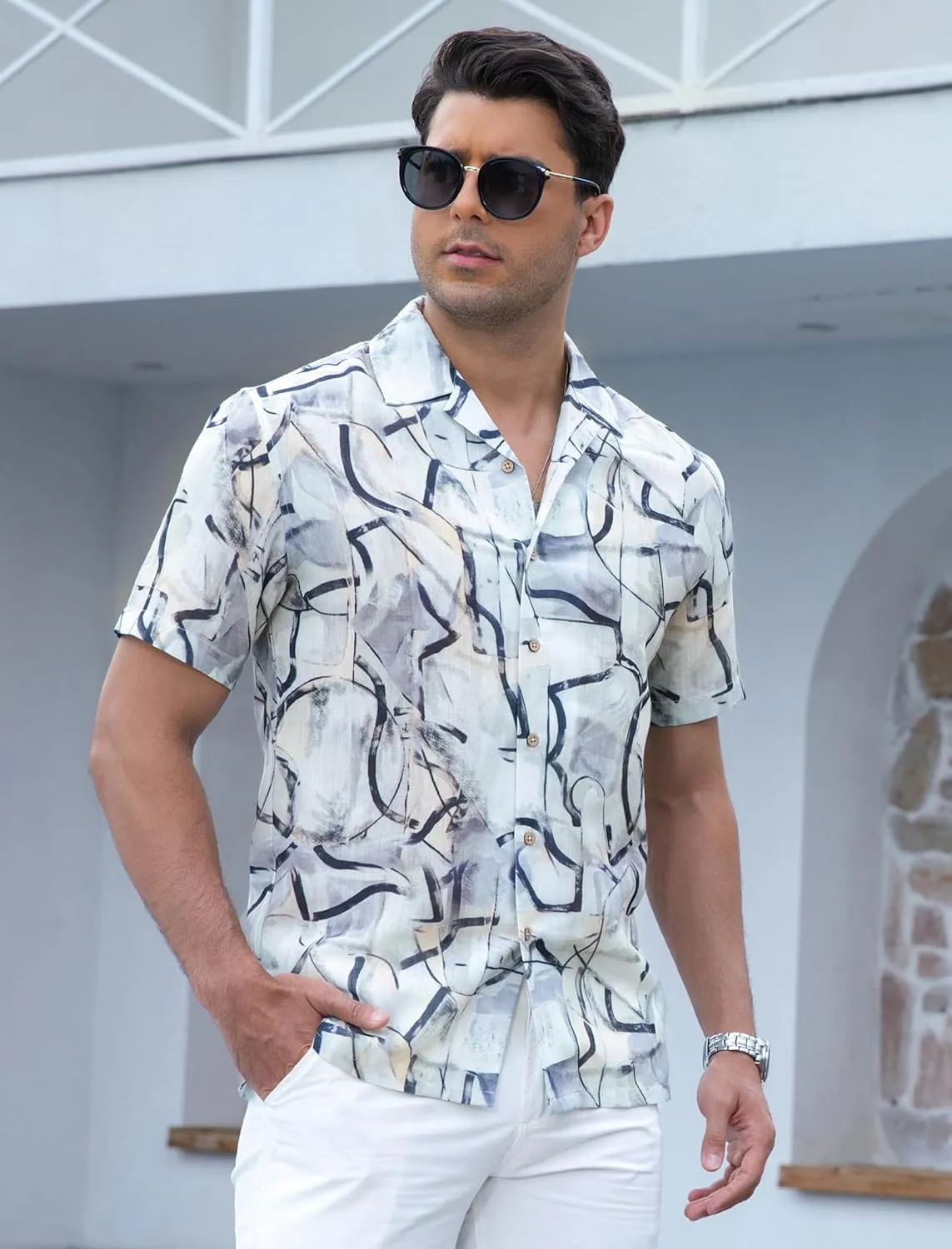 Damipow Linen Shirts for Men Hawaiian Shirt Short Sleeve Button Down Beach Vacation Shirt