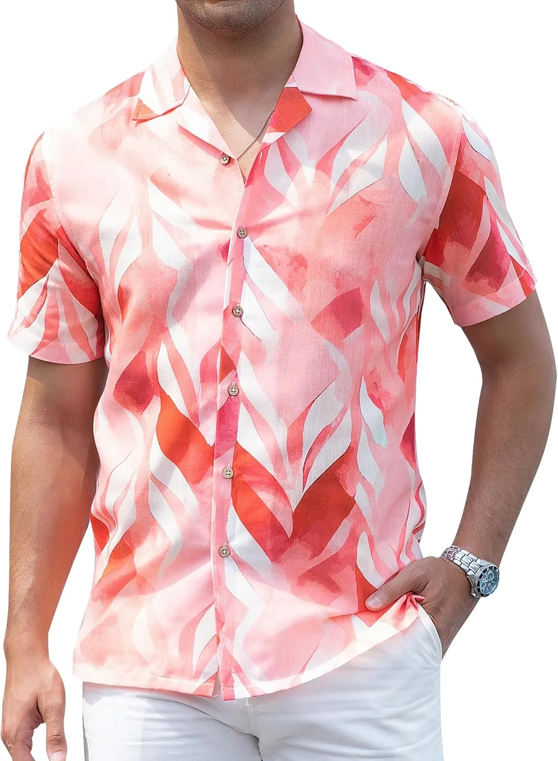 Damipow Linen Shirts for Men Hawaiian Shirt Short Sleeve Button Down Beach Vacation Shirt