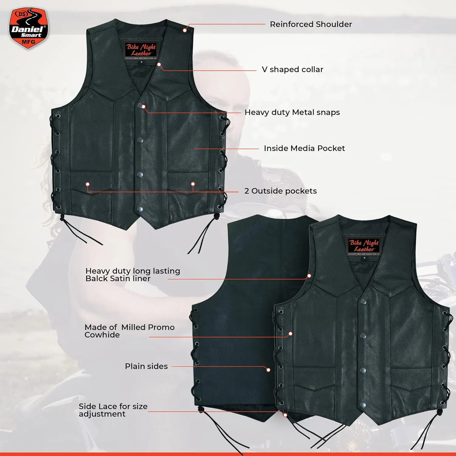 Daniel Smart Leather Vests for Kids Premium Cowhide Black Leather Vest with Unique V-Neck Design & Multiple Pockets