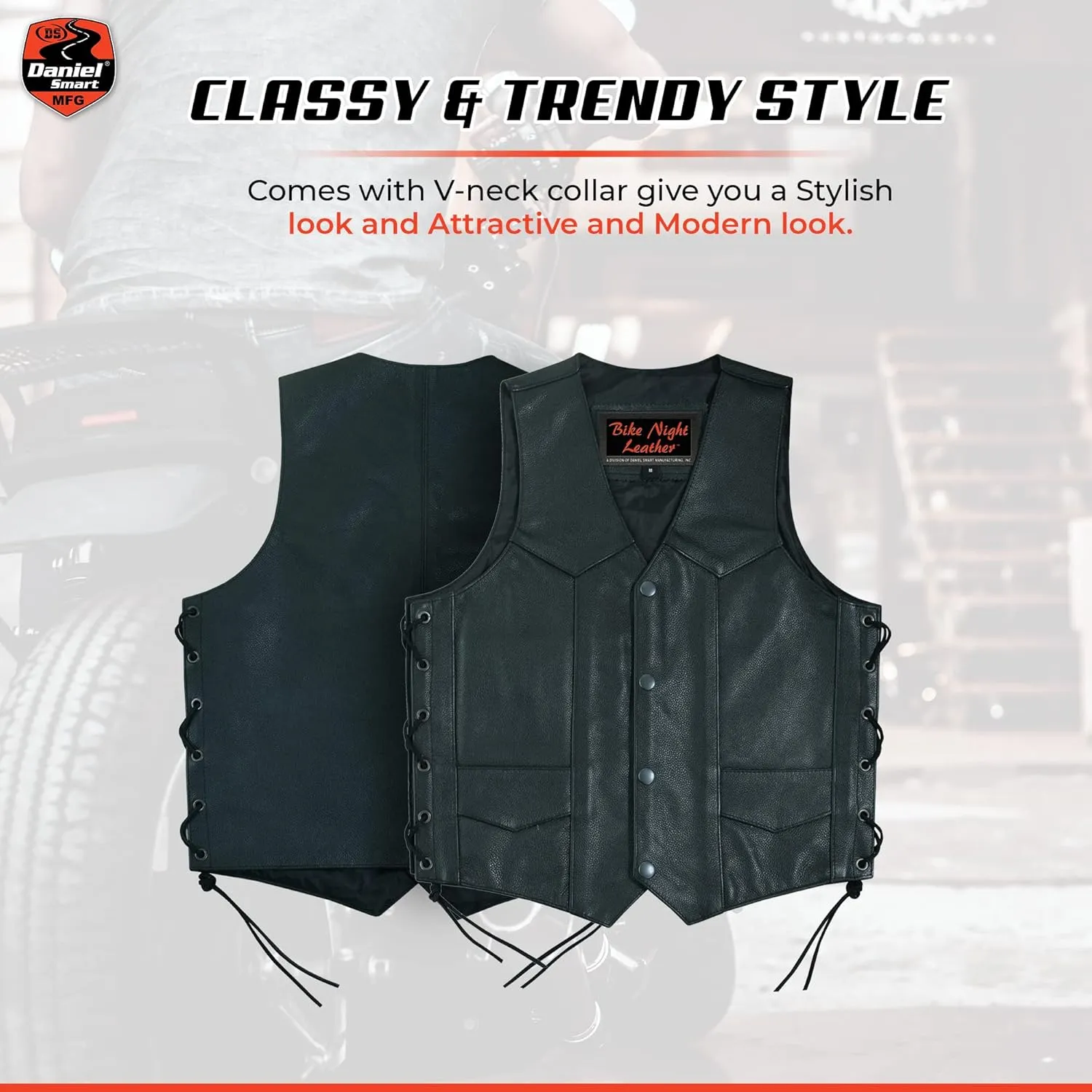 Daniel Smart Leather Vests for Kids Premium Cowhide Black Leather Vest with Unique V-Neck Design & Multiple Pockets
