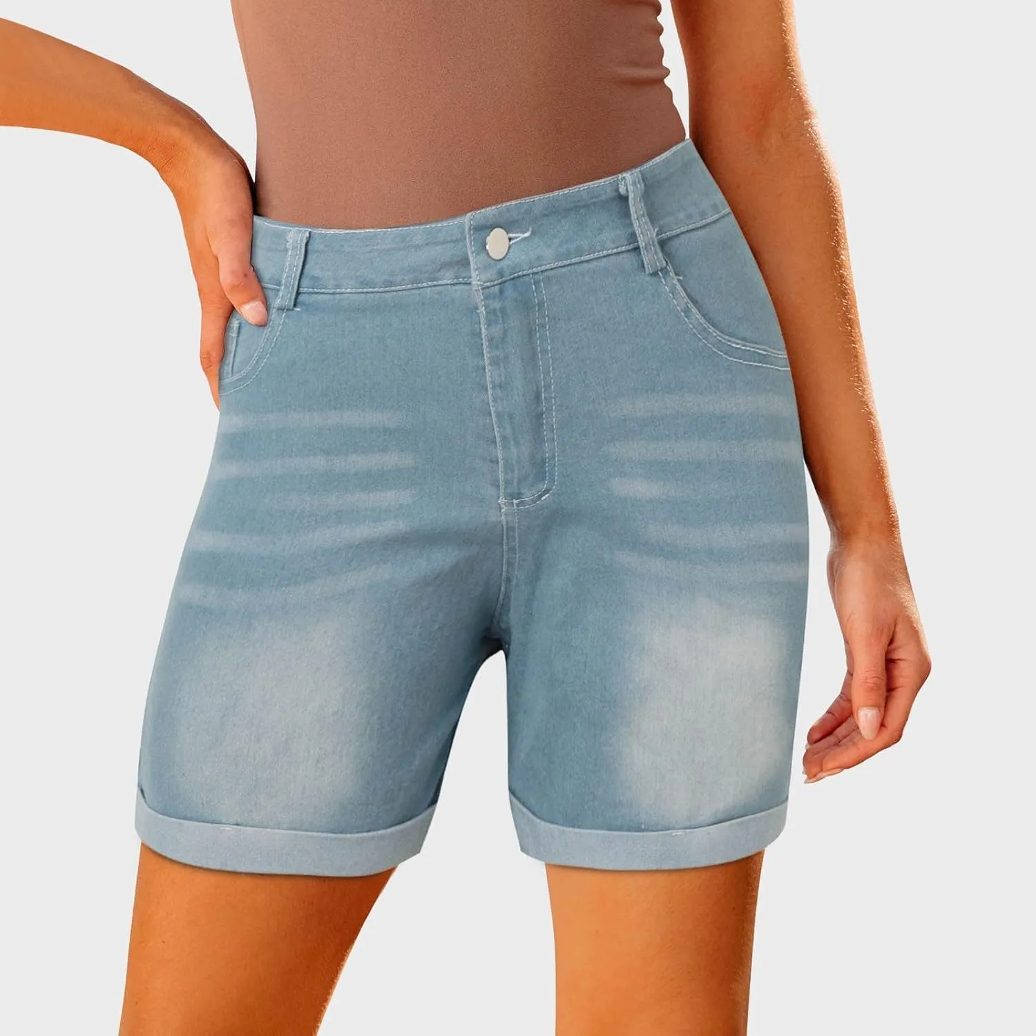 Denim Shorts Women High Waisted Stretchy Rolled Hem Jean Shorts Straight Leg Baggy Casual Y2K Jorts Short with Pocket