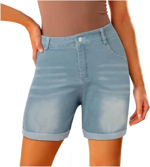 Denim Shorts Women High Waisted Stretchy Rolled Hem Jean Shorts Straight Leg Baggy Casual Y2K Jorts Short with Pocket