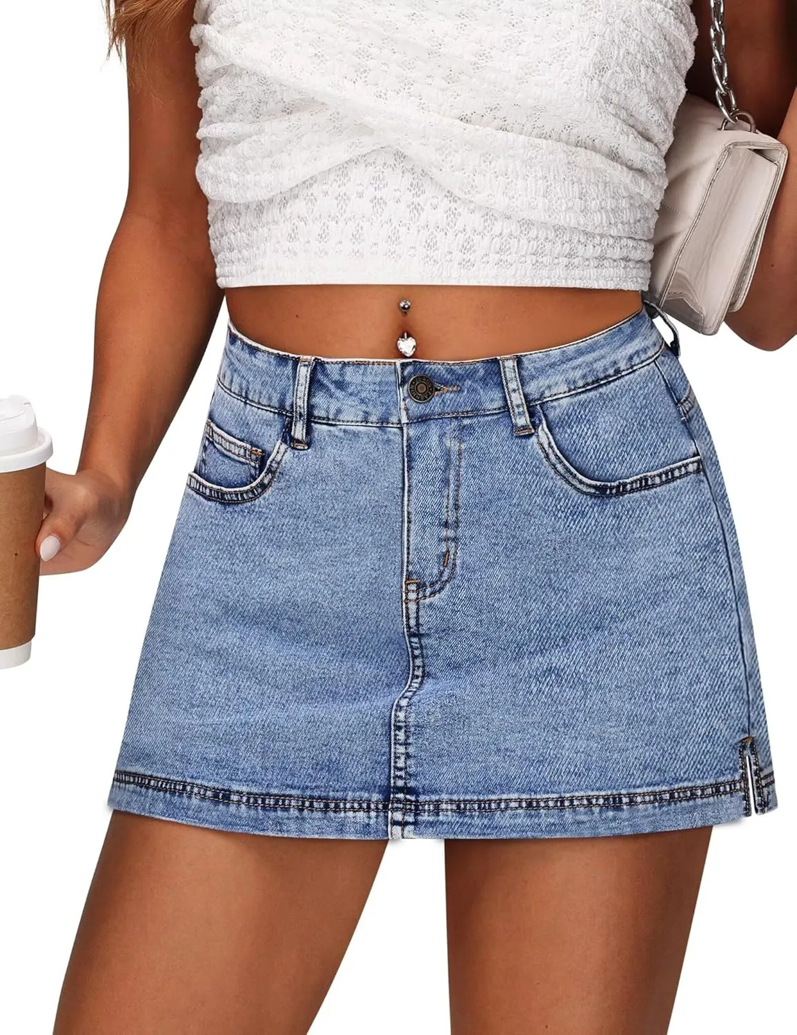 Denim Skort for Women - Mini High Waisted Stretchy Jean Skirt 13" Length with Shorts,Summer Curvy Denim Skorts Shorts
