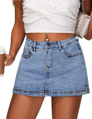 Denim Skort for Women - Mini High Waisted Stretchy Jean Skirt 13" Length with Shorts,Summer Curvy Denim Skorts Shorts