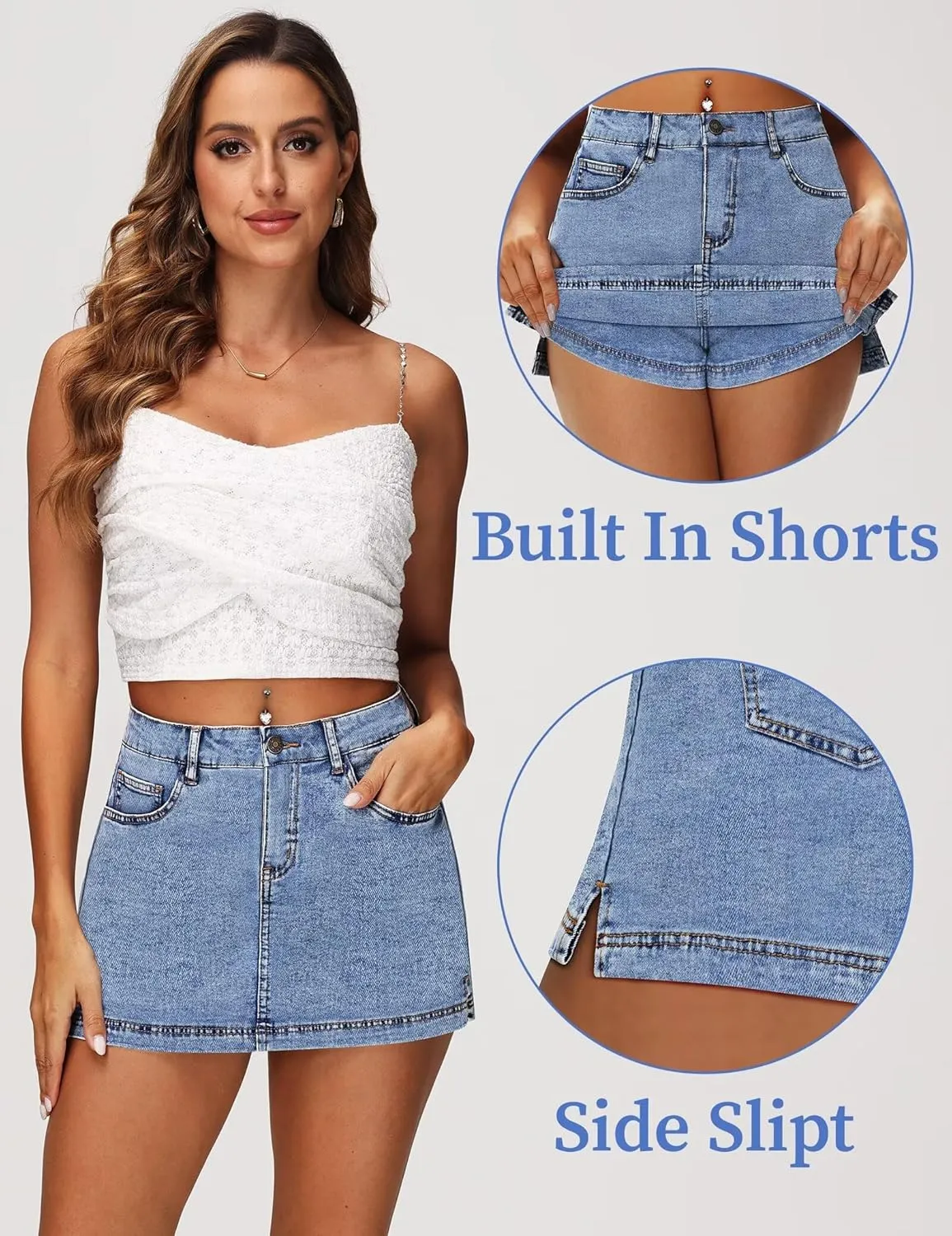 Denim Skort for Women - Mini High Waisted Stretchy Jean Skirt 13" Length with Shorts,Summer Curvy Denim Skorts Shorts