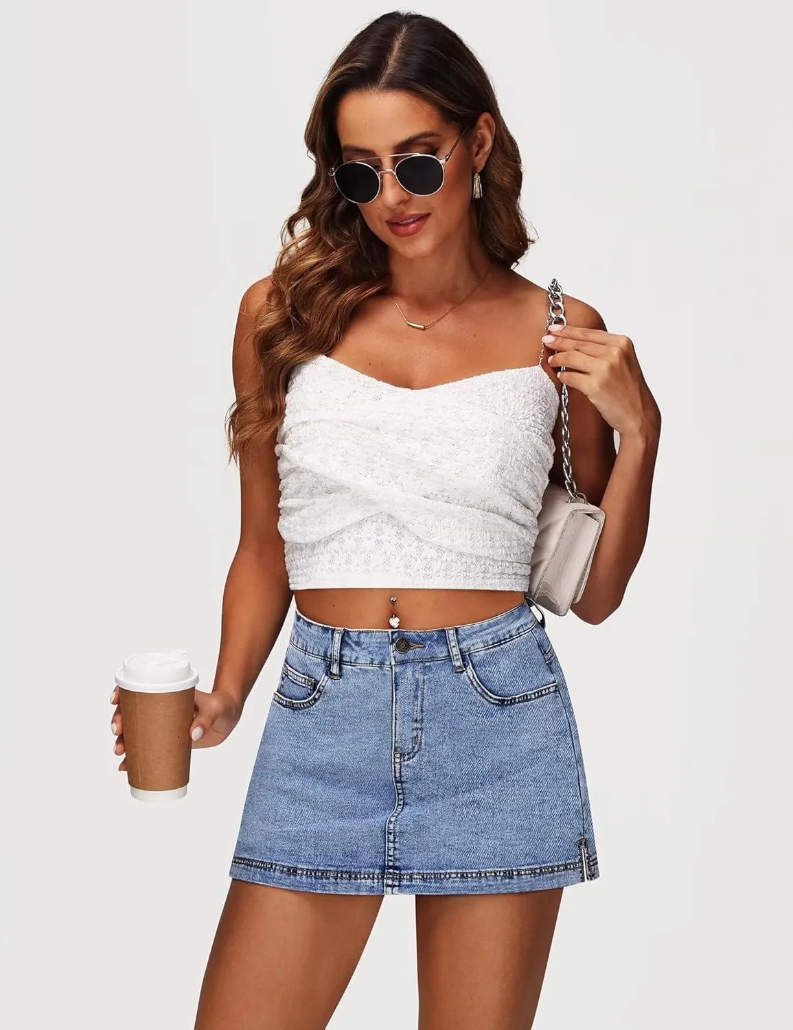Denim Skort for Women - Mini High Waisted Stretchy Jean Skirt 13" Length with Shorts,Summer Curvy Denim Skorts Shorts