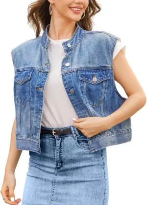 Denim Vest Women Cropped Jean Vest Top Button Down Crewneck Casual Summer Sleeveless Jean Waistcoat Jacket