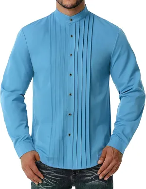 DGHM-JLMY Men Business Pleated Henry Collar Long Sleeve Shirt Slim Fit Pleated Tuxedo Wedding Shirt Solid Party Dress Shirt