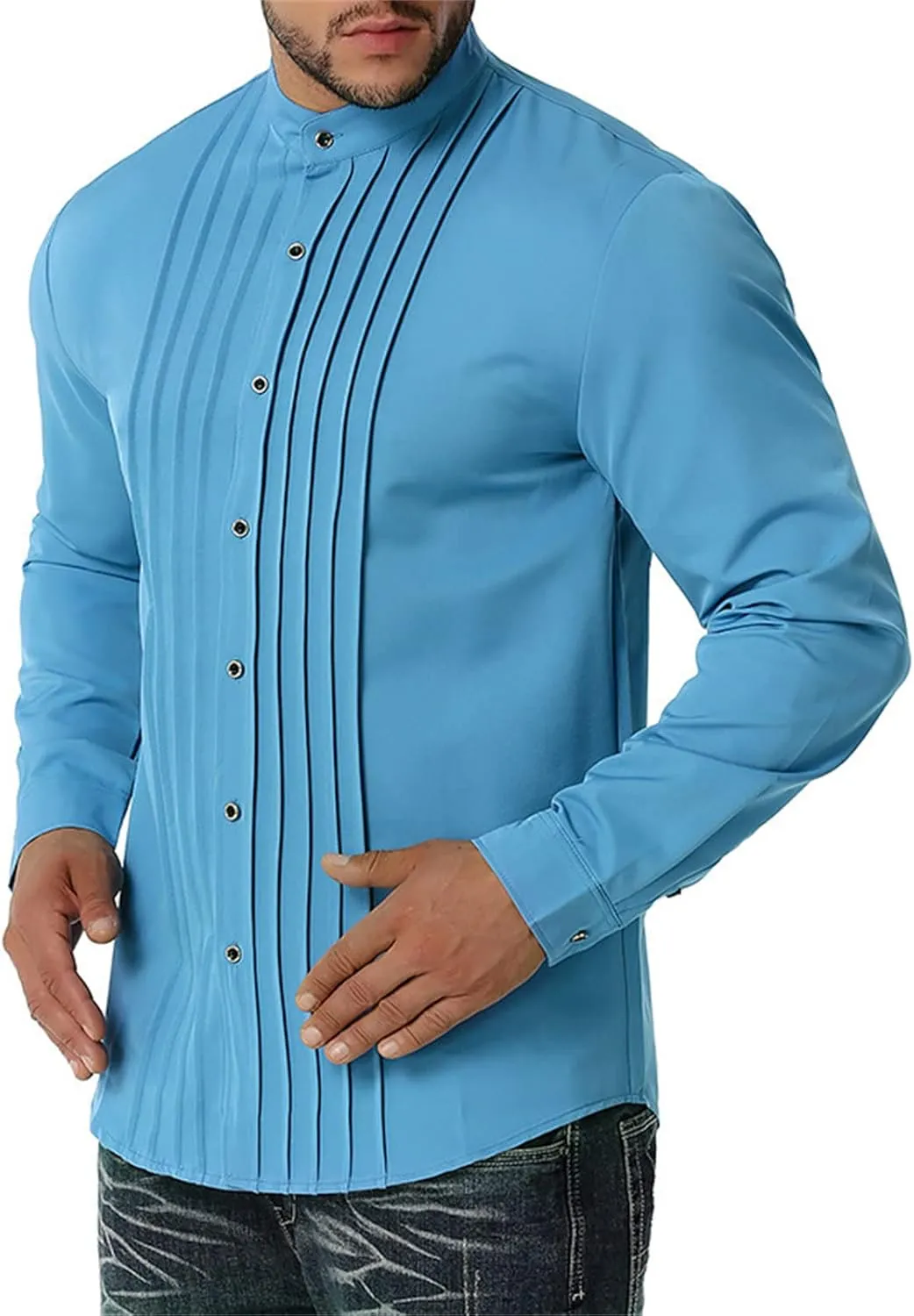 DGHM-JLMY Men Business Pleated Henry Collar Long Sleeve Shirt Slim Fit Pleated Tuxedo Wedding Shirt Solid Party Dress Shirt