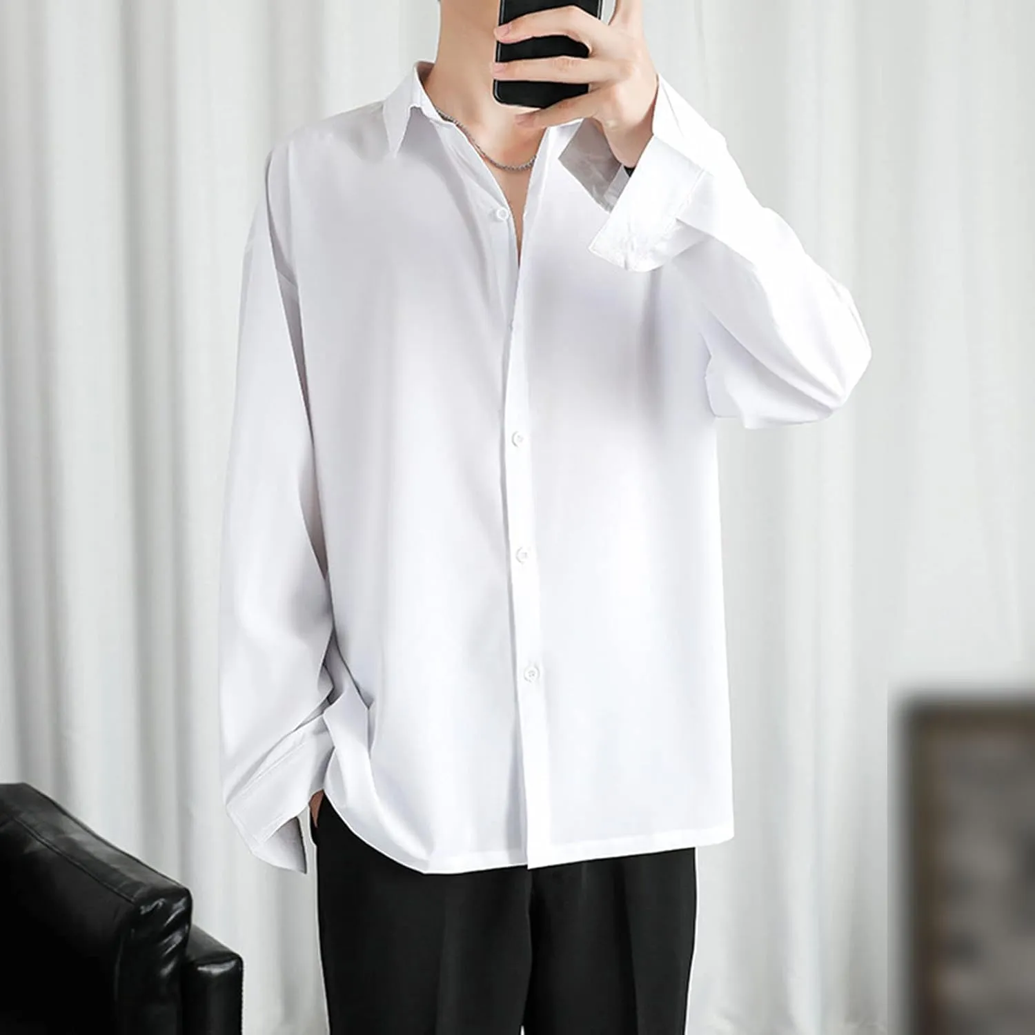 DGHM-JLMY Men Lapel Loose Chiffon Drape Shirt Slim Fit Non-Iron Straight Collar Dress Shirt Collar Button Cuff Dress Shirt