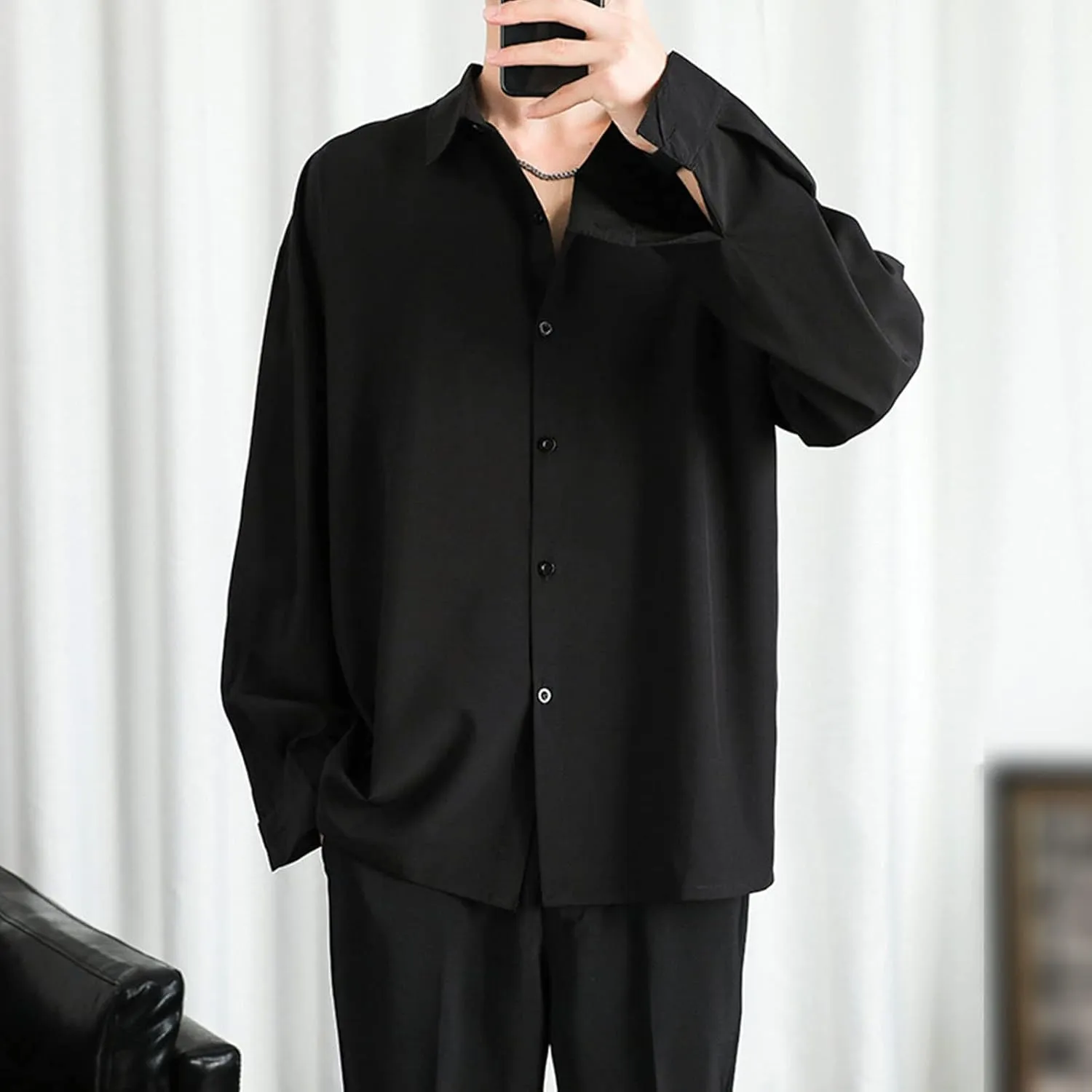 DGHM-JLMY Men Lapel Loose Chiffon Drape Shirt Slim Fit Non-Iron Straight Collar Dress Shirt Collar Button Cuff Dress Shirt