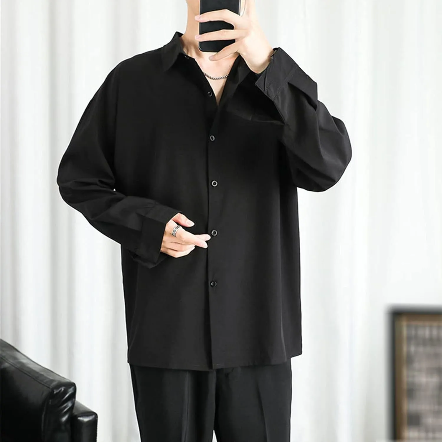 DGHM-JLMY Men Lapel Loose Chiffon Drape Shirt Slim Fit Non-Iron Straight Collar Dress Shirt Collar Button Cuff Dress Shirt