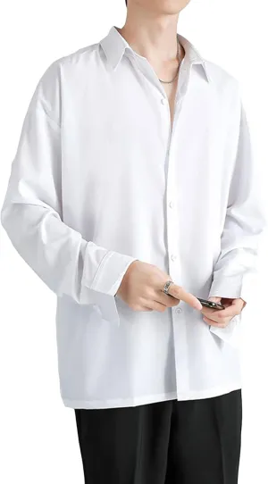 DGHM-JLMY Men Lapel Loose Chiffon Drape Shirt Slim Fit Non-Iron Straight Collar Dress Shirt Collar Button Cuff Dress Shirt