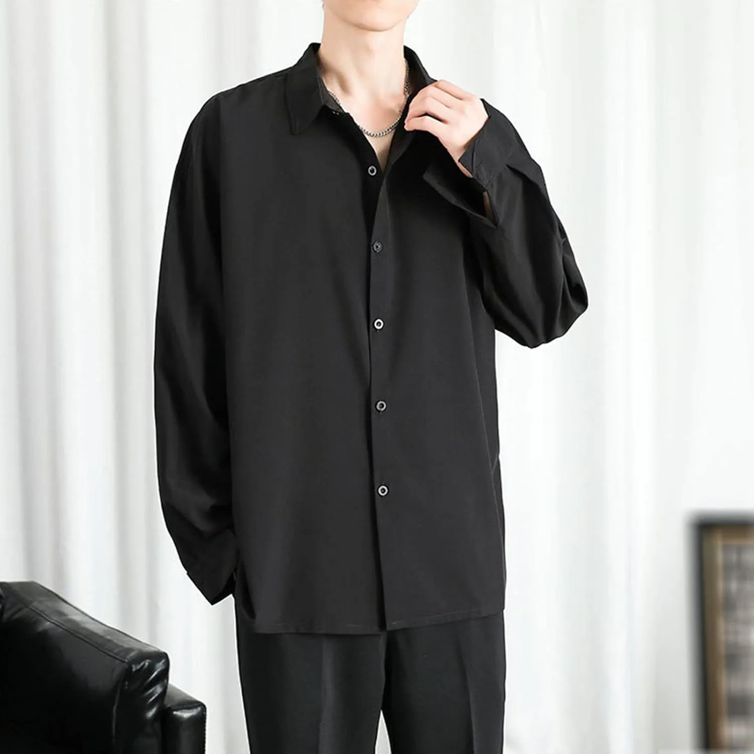 DGHM-JLMY Men Lapel Loose Chiffon Drape Shirt Slim Fit Non-Iron Straight Collar Dress Shirt Collar Button Cuff Dress Shirt