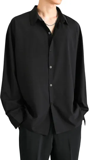 DGHM-JLMY Men Lapel Loose Chiffon Drape Shirt Slim Fit Non-Iron Straight Collar Dress Shirt Collar Button Cuff Dress Shirt