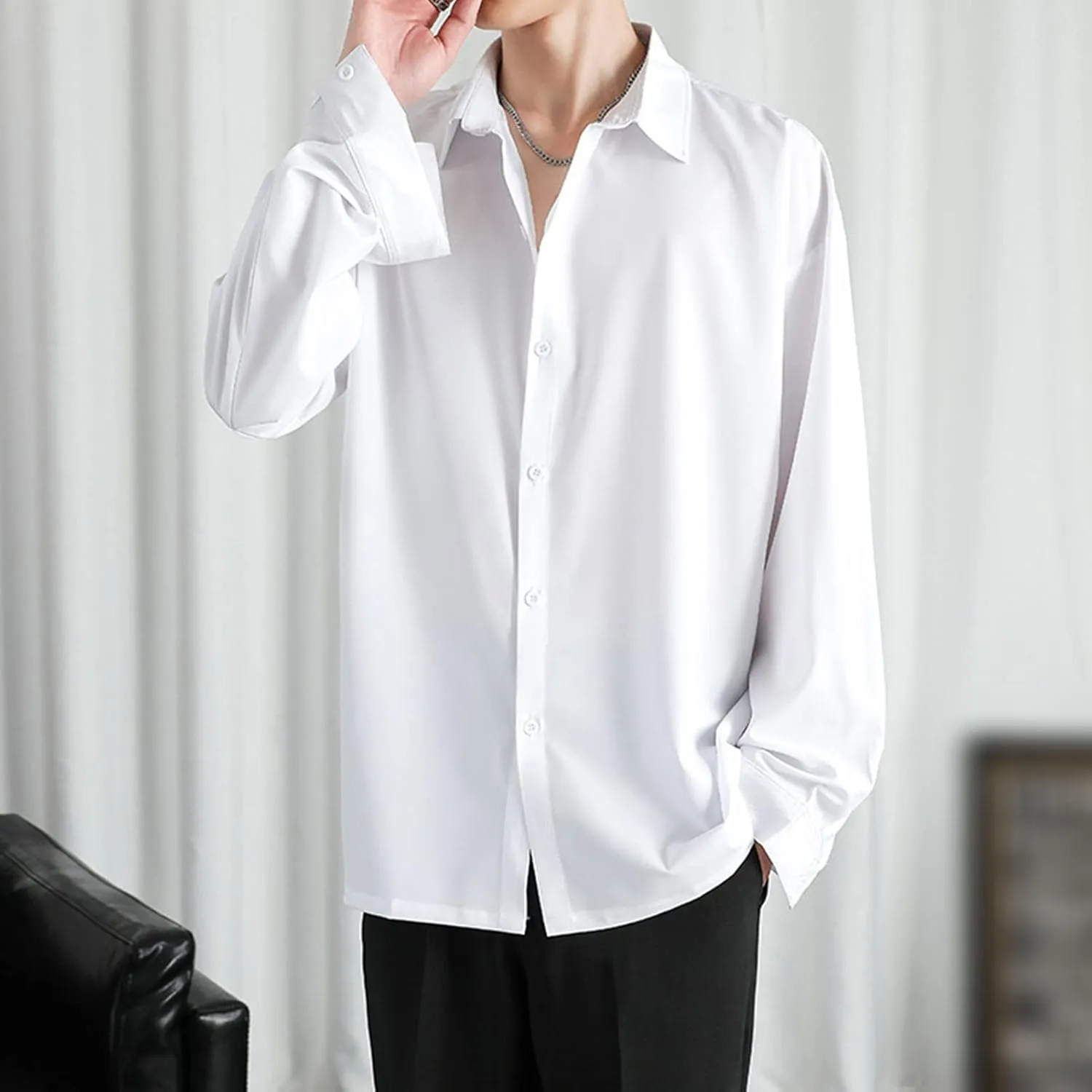 DGHM-JLMY Men Lapel Loose Chiffon Drape Shirt Slim Fit Non-Iron Straight Collar Dress Shirt Collar Button Cuff Dress Shirt