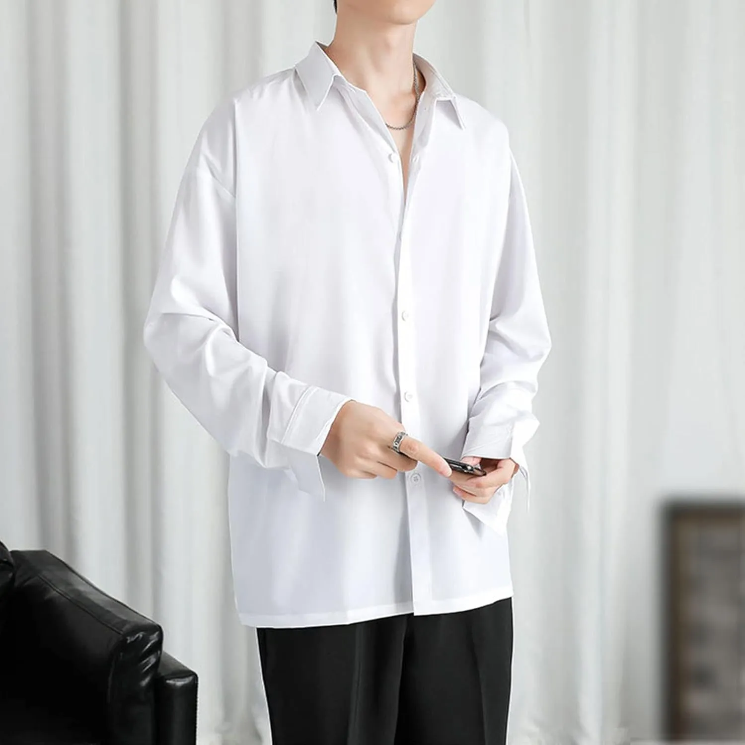 DGHM-JLMY Men Lapel Loose Chiffon Drape Shirt Slim Fit Non-Iron Straight Collar Dress Shirt Collar Button Cuff Dress Shirt