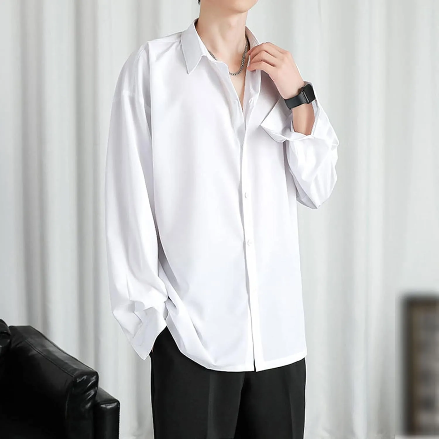 DGHM-JLMY Men Lapel Loose Chiffon Drape Shirt Slim Fit Non-Iron Straight Collar Dress Shirt Collar Button Cuff Dress Shirt