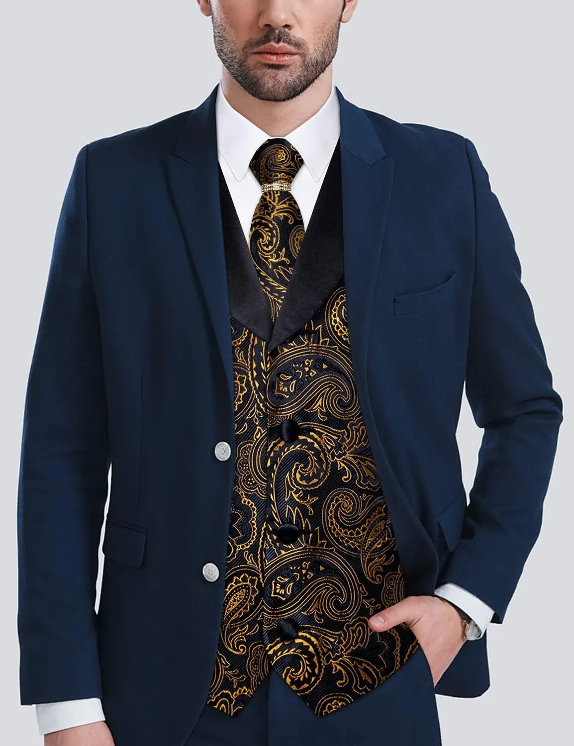DiBanGu Men's Suit Vest Formal Men Paisley Vest Jacquard Tie Waistcoat Hanky Set With Tie Ring Wedding Party 5PCS
