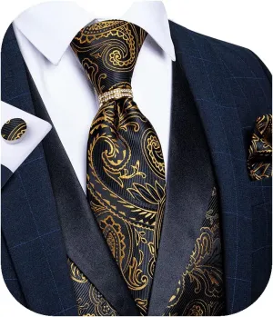 DiBanGu Men's Suit Vest Formal Men Paisley Vest Jacquard Tie Waistcoat Hanky Set With Tie Ring Wedding Party 5PCS