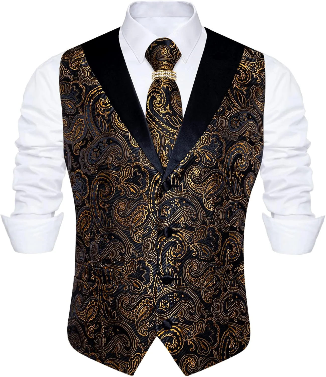 DiBanGu Men's Suit Vest Formal Men Paisley Vest Jacquard Tie Waistcoat Hanky Set With Tie Ring Wedding Party 5PCS