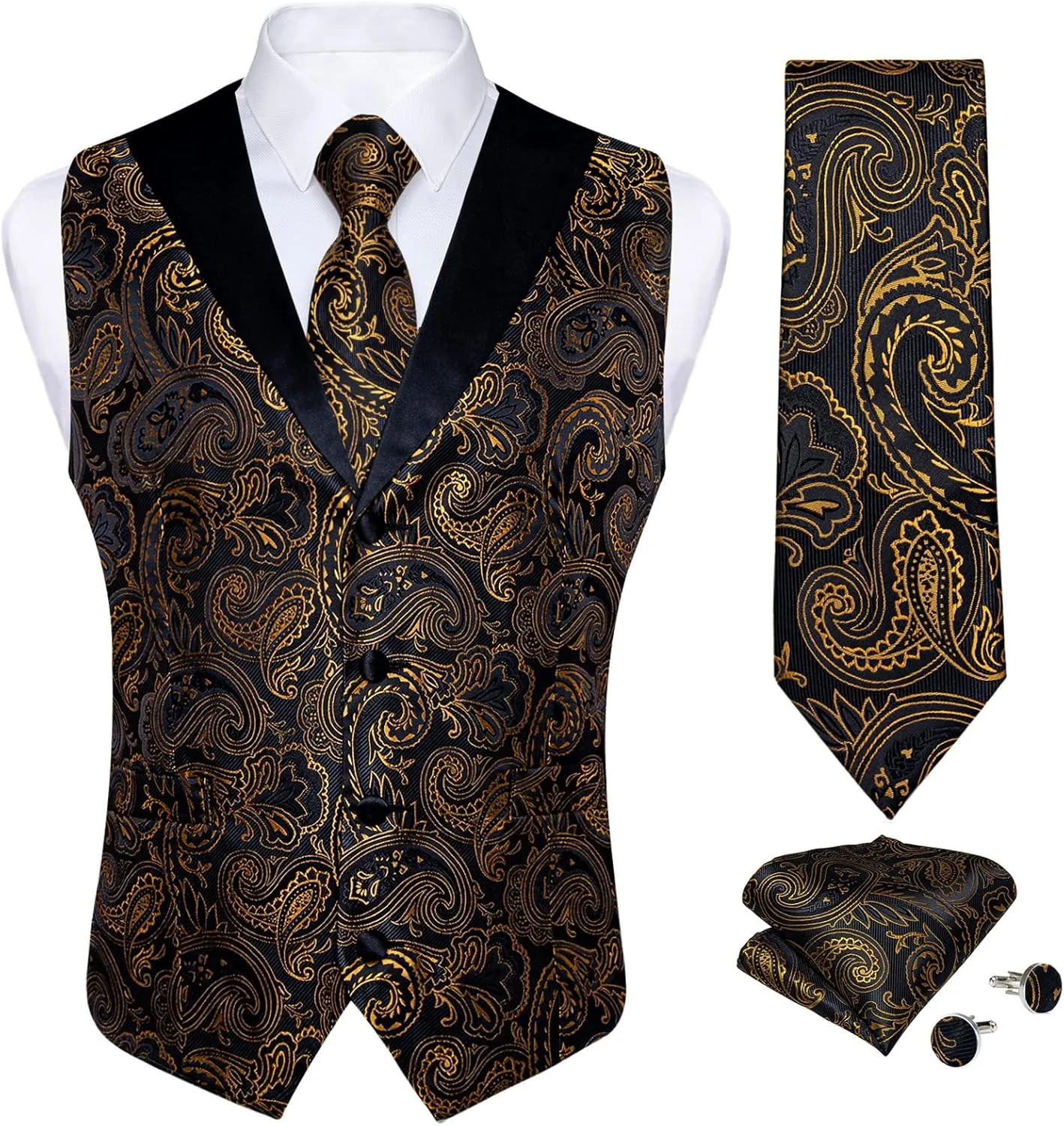 DiBanGu Silk Suit Vest for Men Shawl Collar Vest with Tie Set Bowtie Tie Clip Pocket Square Cufflinks Waistcoat