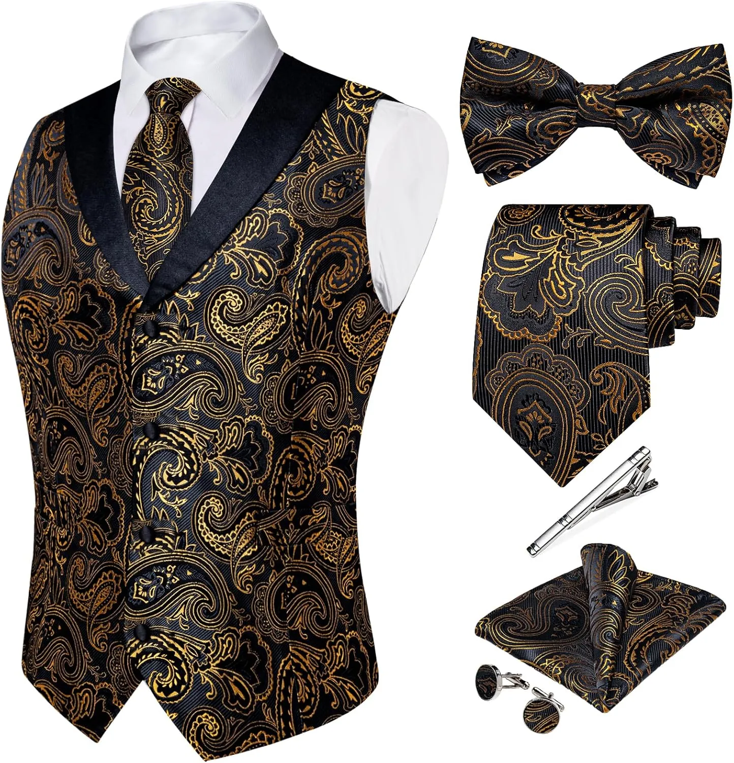 DiBanGu Silk Suit Vest for Men Shawl Collar Vest with Tie Set Bowtie Tie Clip Pocket Square Cufflinks Waistcoat