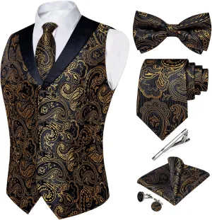 DiBanGu Silk Suit Vest for Men Shawl Collar Vest with Tie Set Bowtie Tie Clip Pocket Square Cufflinks Waistcoat