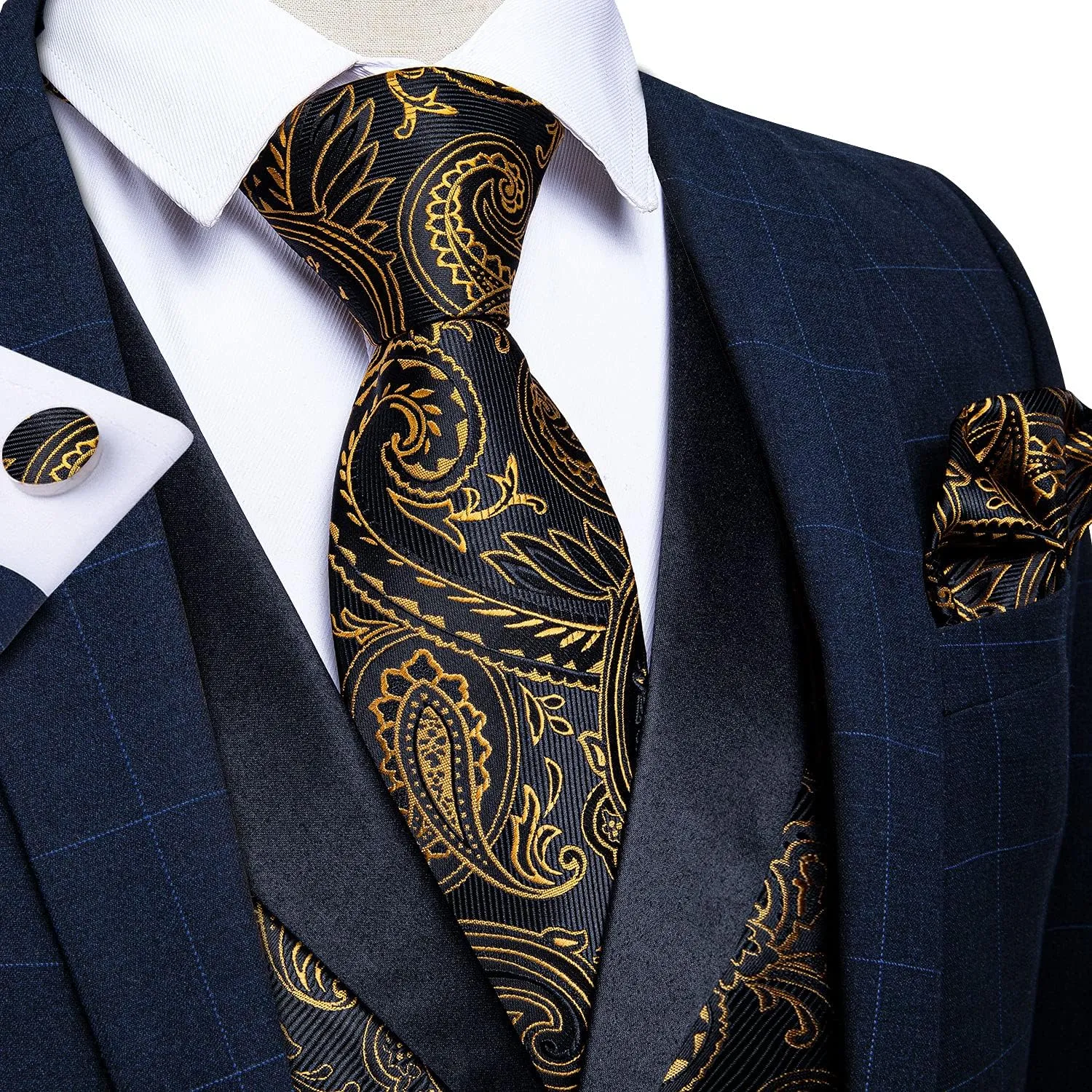 DiBanGu Silk Suit Vest for Men Shawl Collar Vest with Tie Set Bowtie Tie Clip Pocket Square Cufflinks Waistcoat