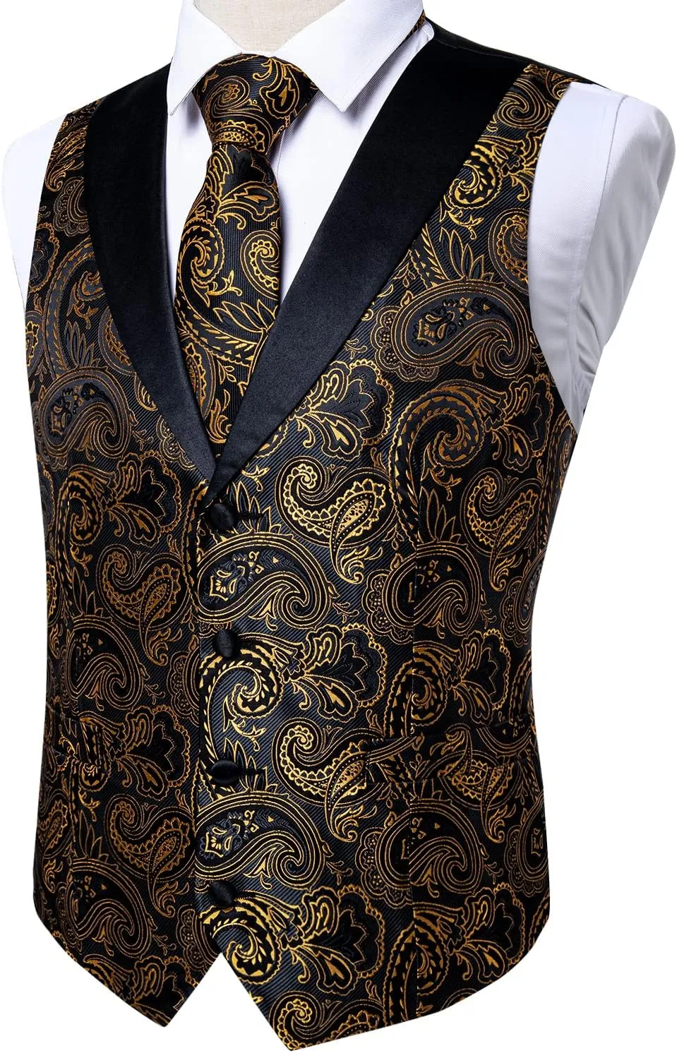 DiBanGu Silk Suit Vest for Men Shawl Collar Vest with Tie Set Bowtie Tie Clip Pocket Square Cufflinks Waistcoat