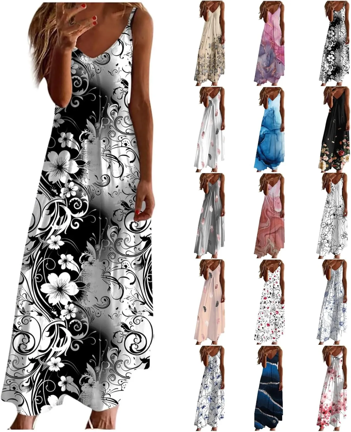 Dresses for Women 2025 Summer Vacation Casual Plus Size Maxi Dress Trendy Flowy Beach Long Spaghetti Strap Sundress