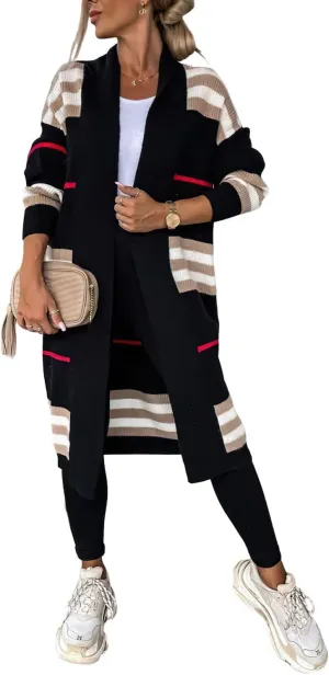 ebossy Women's Vintage Open Front Knit Striped Maxi Long Cardigan Sweater with Pockets