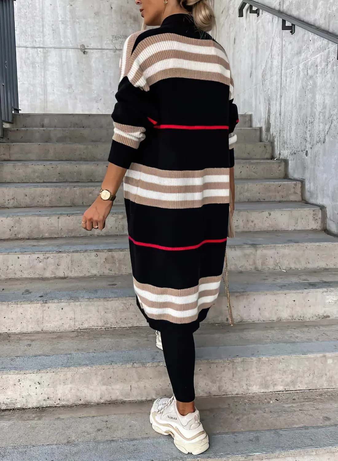 ebossy Women's Vintage Open Front Knit Striped Maxi Long Cardigan Sweater with Pockets