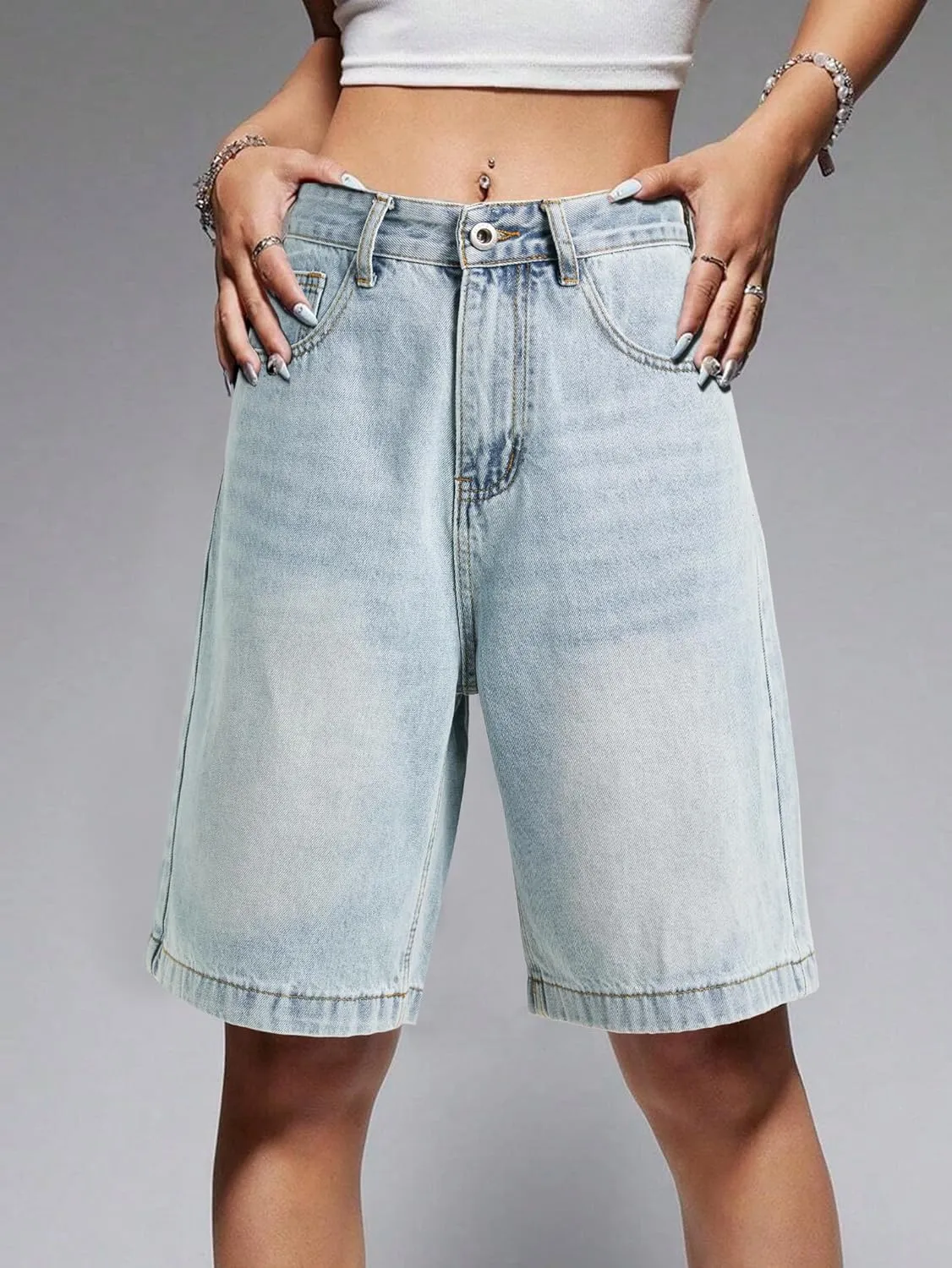 EMMIOL Women Jorts Baggy Jeans Shorts Mid-Low Waisted Denim Y2K Hip-Hop Shorts Summer Hot Short Pants Streetwear