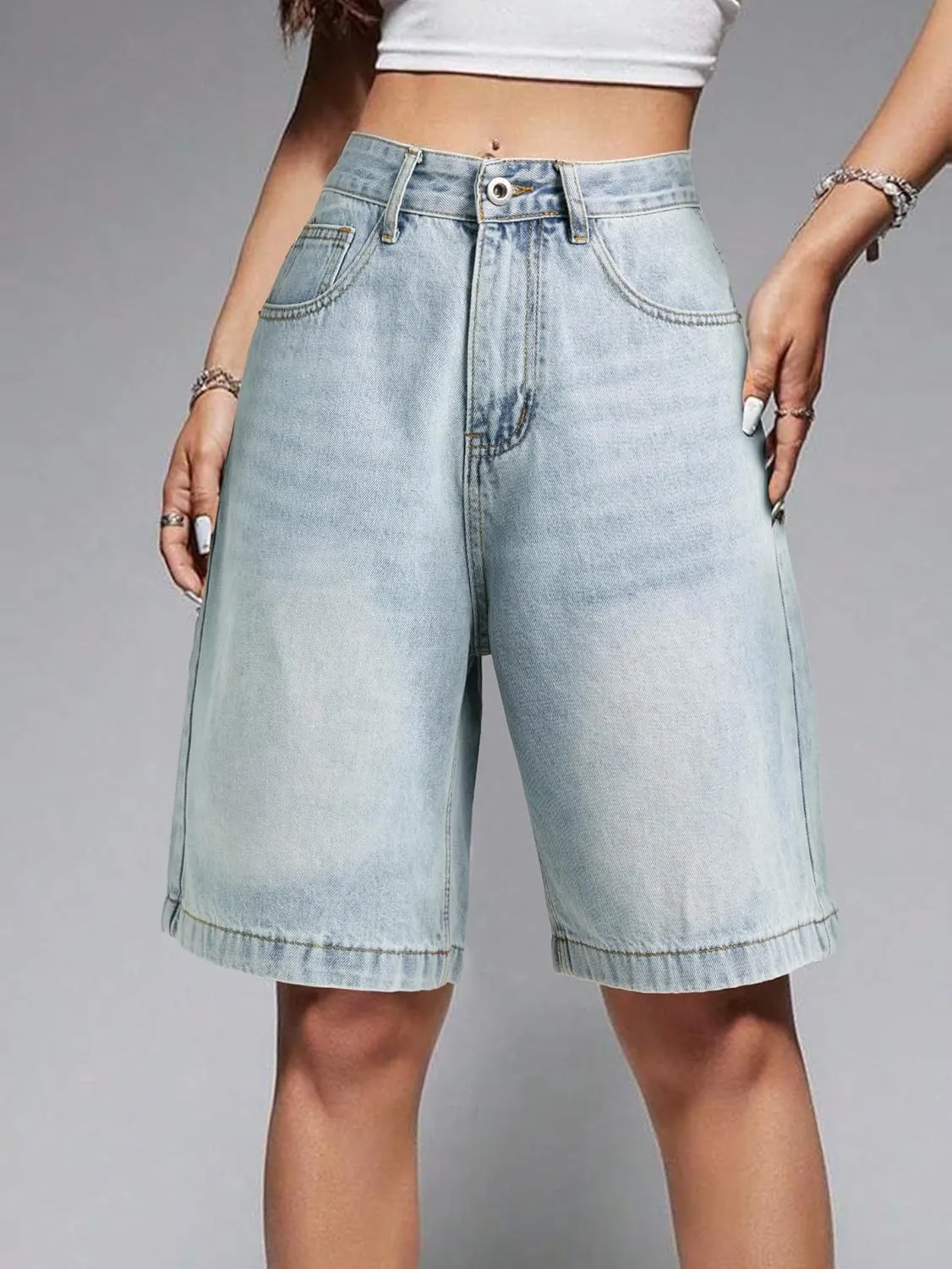 EMMIOL Women Jorts Baggy Jeans Shorts Mid-Low Waisted Denim Y2K Hip-Hop Shorts Summer Hot Short Pants Streetwear