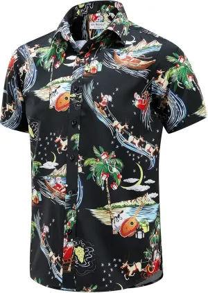 ENVMENST Christmas Button Up Shirt for Men Fun Printed Casual Short Sleeve Hawaiian Santa Shirt