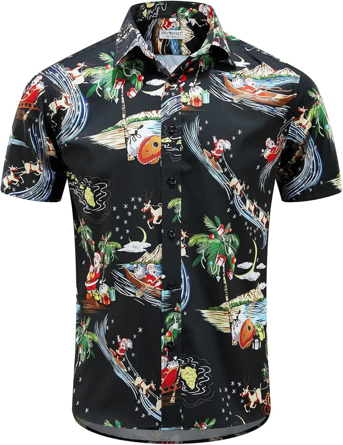 ENVMENST Christmas Button Up Shirt for Men Fun Printed Casual Short Sleeve Hawaiian Santa Shirt