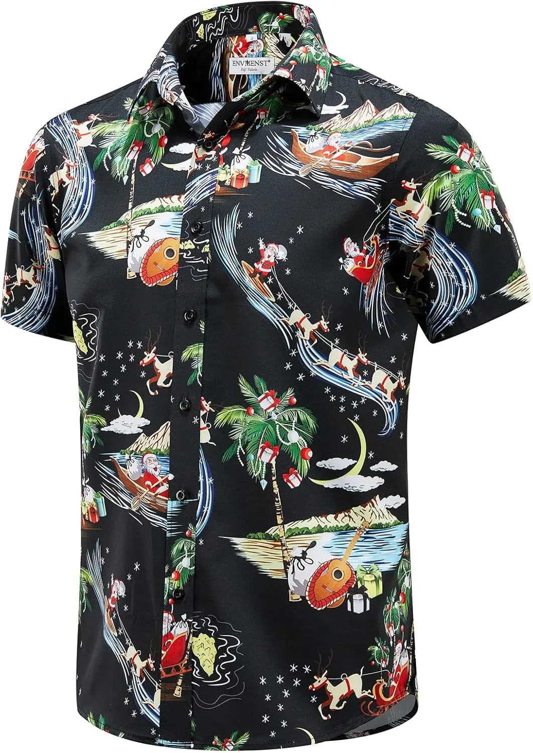 ENVMENST Christmas Button Up Shirt for Men Fun Printed Casual Short Sleeve Hawaiian Santa Shirt