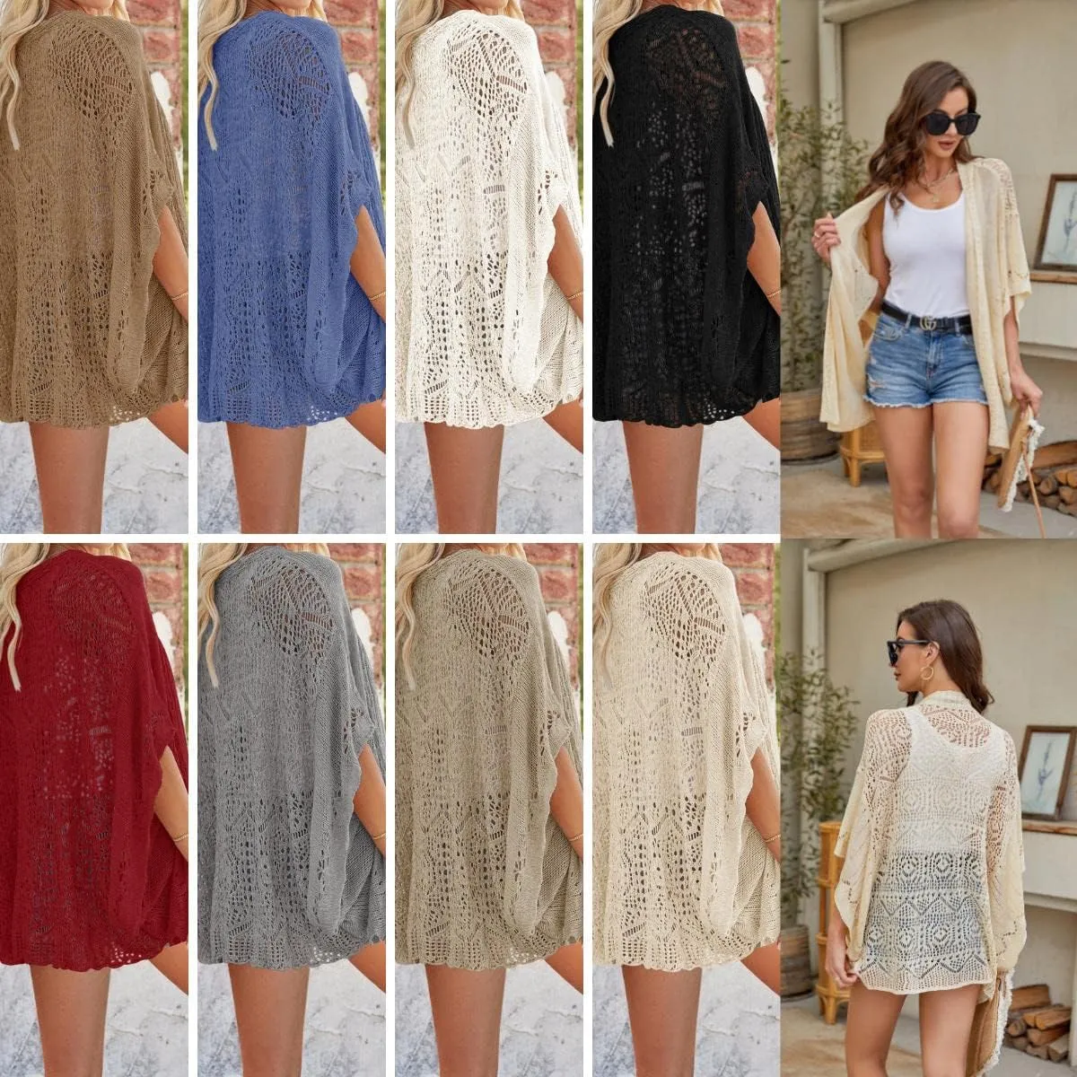 Ermonn Crochet Cardigan Sweaters for Women Open Front Kimono Batwing Sleeve Plain Casual Lightweight Outerwear
