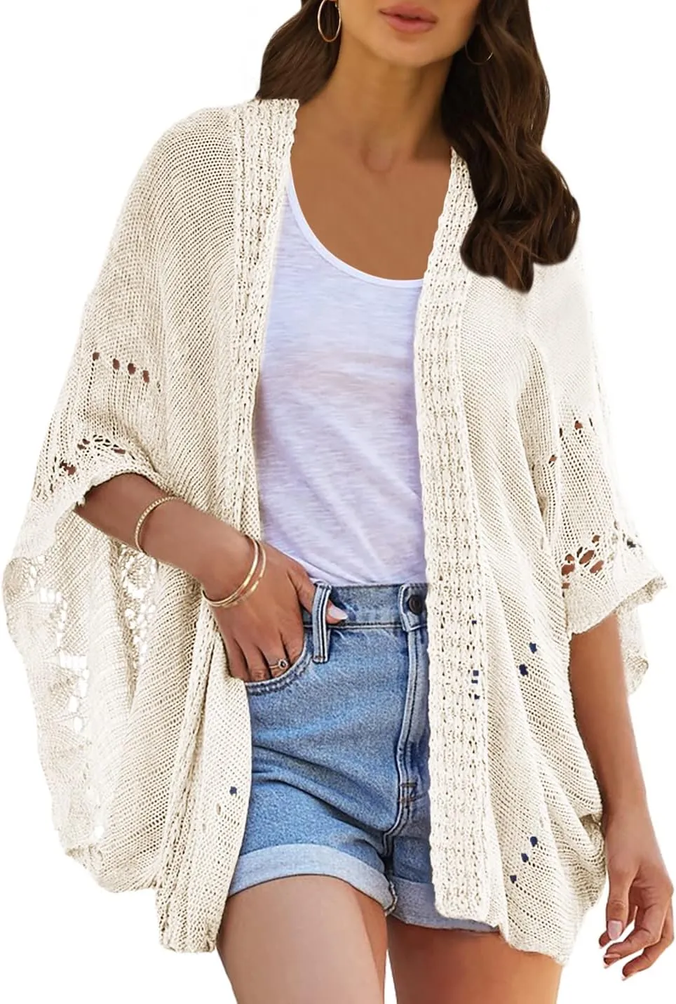 Ermonn Crochet Cardigan Sweaters for Women Open Front Kimono Batwing Sleeve Plain Casual Lightweight Outerwear