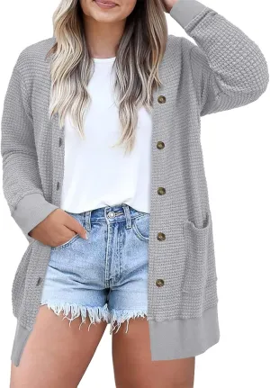 Eytino Womens Plus Size Cardigans Casual Long Sleeve Waffle Knit Front Button Tops(1X-5X)