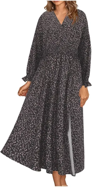 Fall Dresses for Women 2024 Casual Midi Loose V Neck Ruffle Long Sleeve Dress Tiered Flowy Empire Waist Beach Dresses