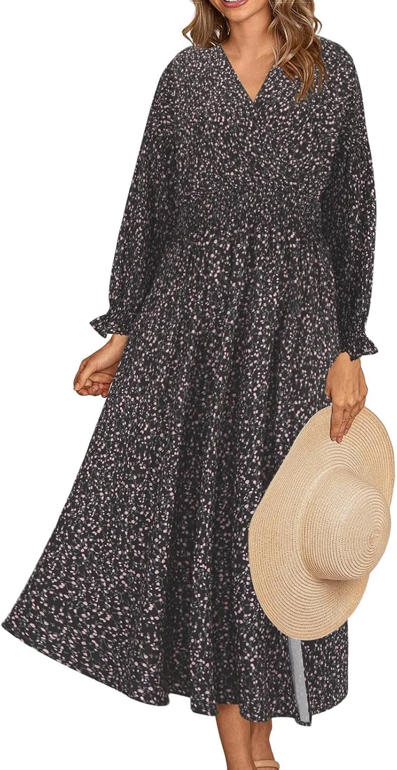 Fall Dresses for Women 2024 Casual Midi Loose V Neck Ruffle Long Sleeve Dress Tiered Flowy Empire Waist Beach Dresses