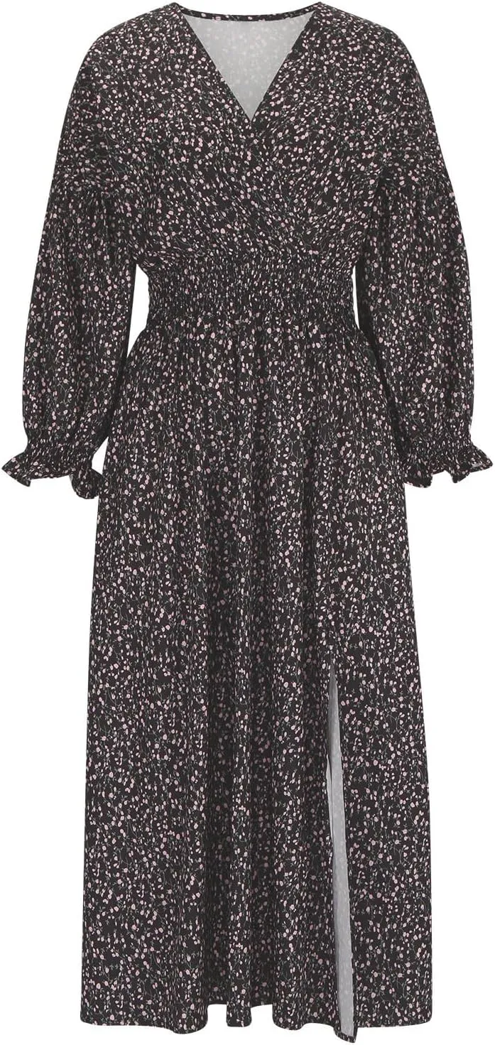 Fall Dresses for Women 2024 Casual Midi Loose V Neck Ruffle Long Sleeve Dress Tiered Flowy Empire Waist Beach Dresses