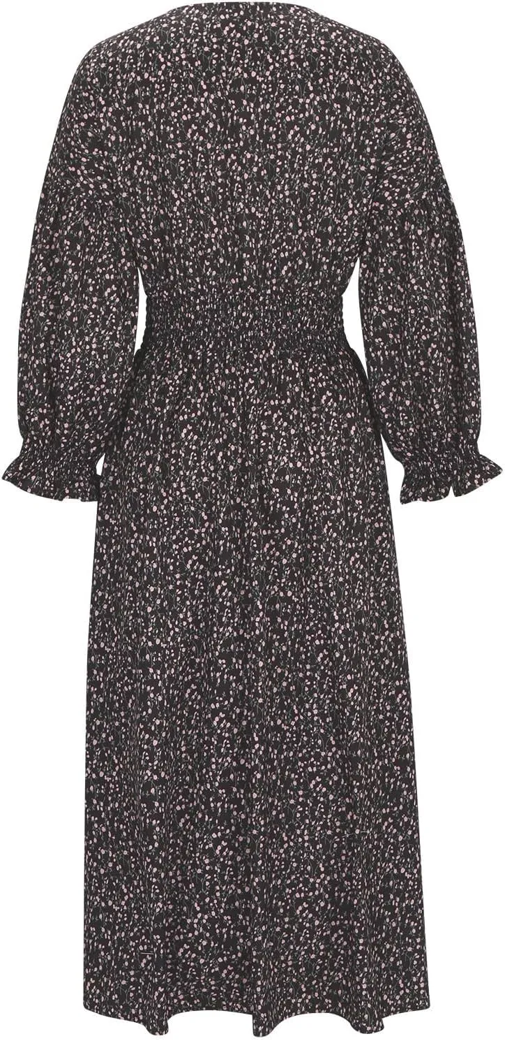 Fall Dresses for Women 2024 Casual Midi Loose V Neck Ruffle Long Sleeve Dress Tiered Flowy Empire Waist Beach Dresses