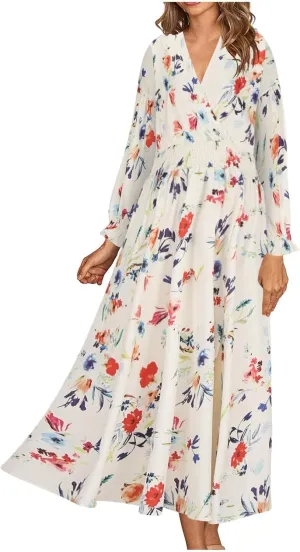 Fall Dresses for Women 2024 Casual Midi Loose V Neck Ruffle Long Sleeve Dress Tiered Flowy Empire Waist Beach Dresses