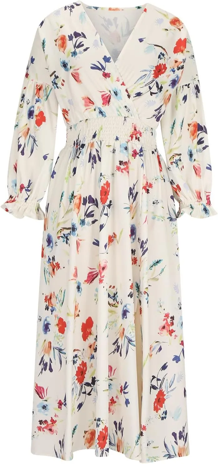 Fall Dresses for Women 2024 Casual Midi Loose V Neck Ruffle Long Sleeve Dress Tiered Flowy Empire Waist Beach Dresses