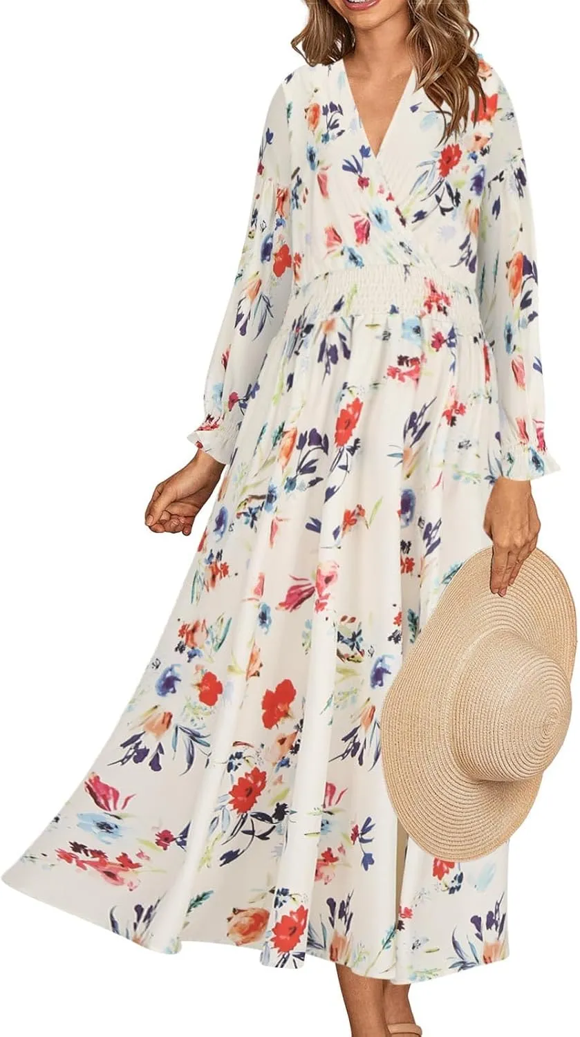 Fall Dresses for Women 2024 Casual Midi Loose V Neck Ruffle Long Sleeve Dress Tiered Flowy Empire Waist Beach Dresses